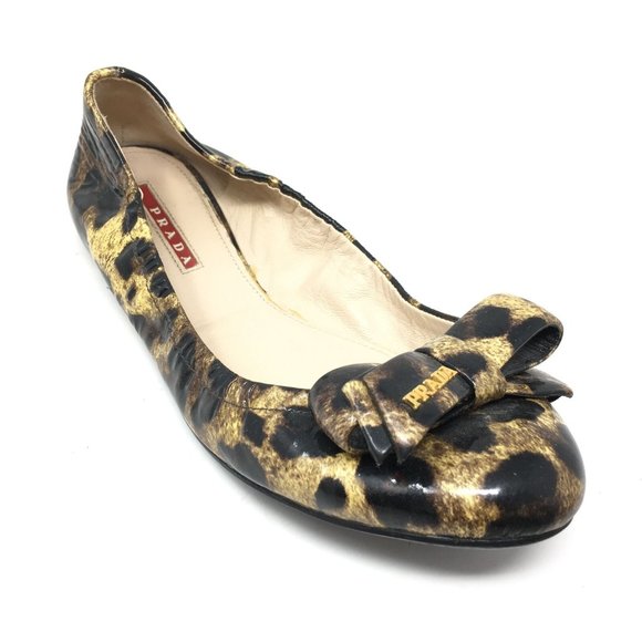 Women's Prada Ballet Flats Shoes Size 38.5 EU/8.5 US Tan Black Cheetah Patent - Picture 1 of 10
